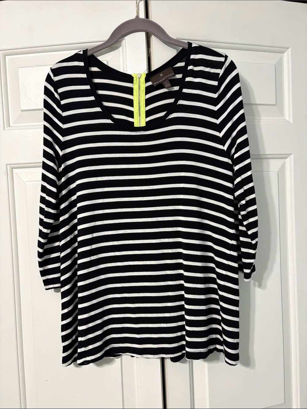 Striped Black & White Women's Top with Neon Zip